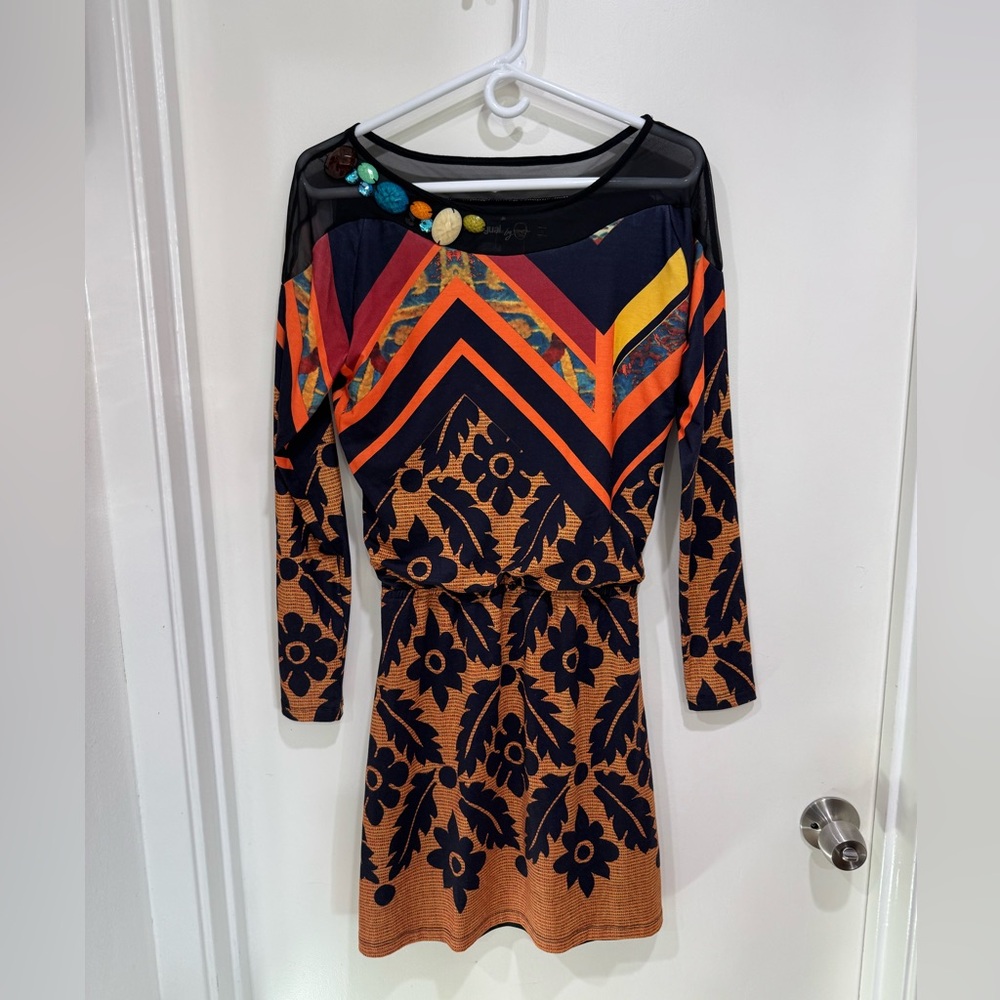 Desigual Black and Orange Chevron Vest Roman Style Floral Dress size S